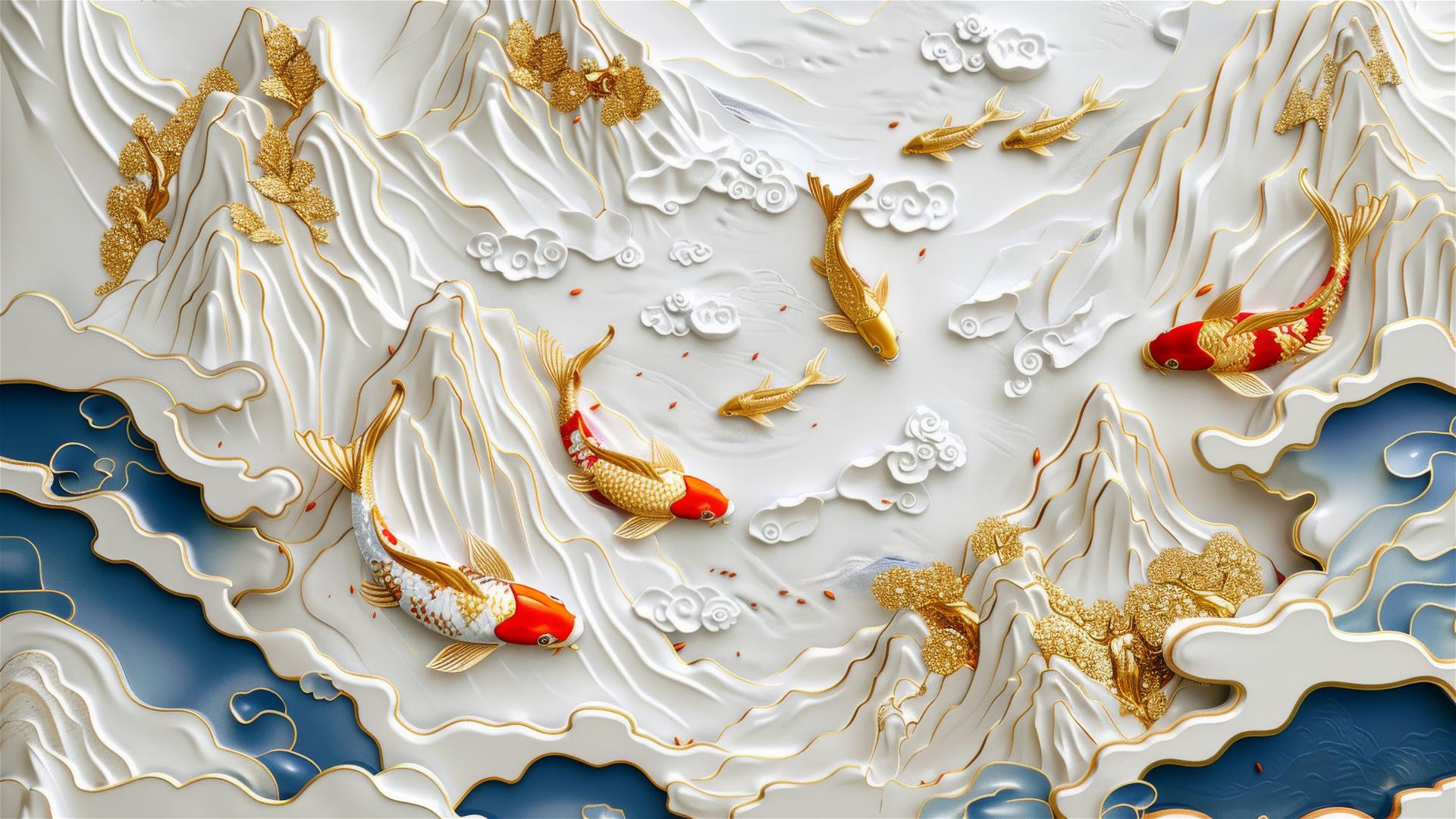 3D Asian painting of golden mountains and koi fish in a pond