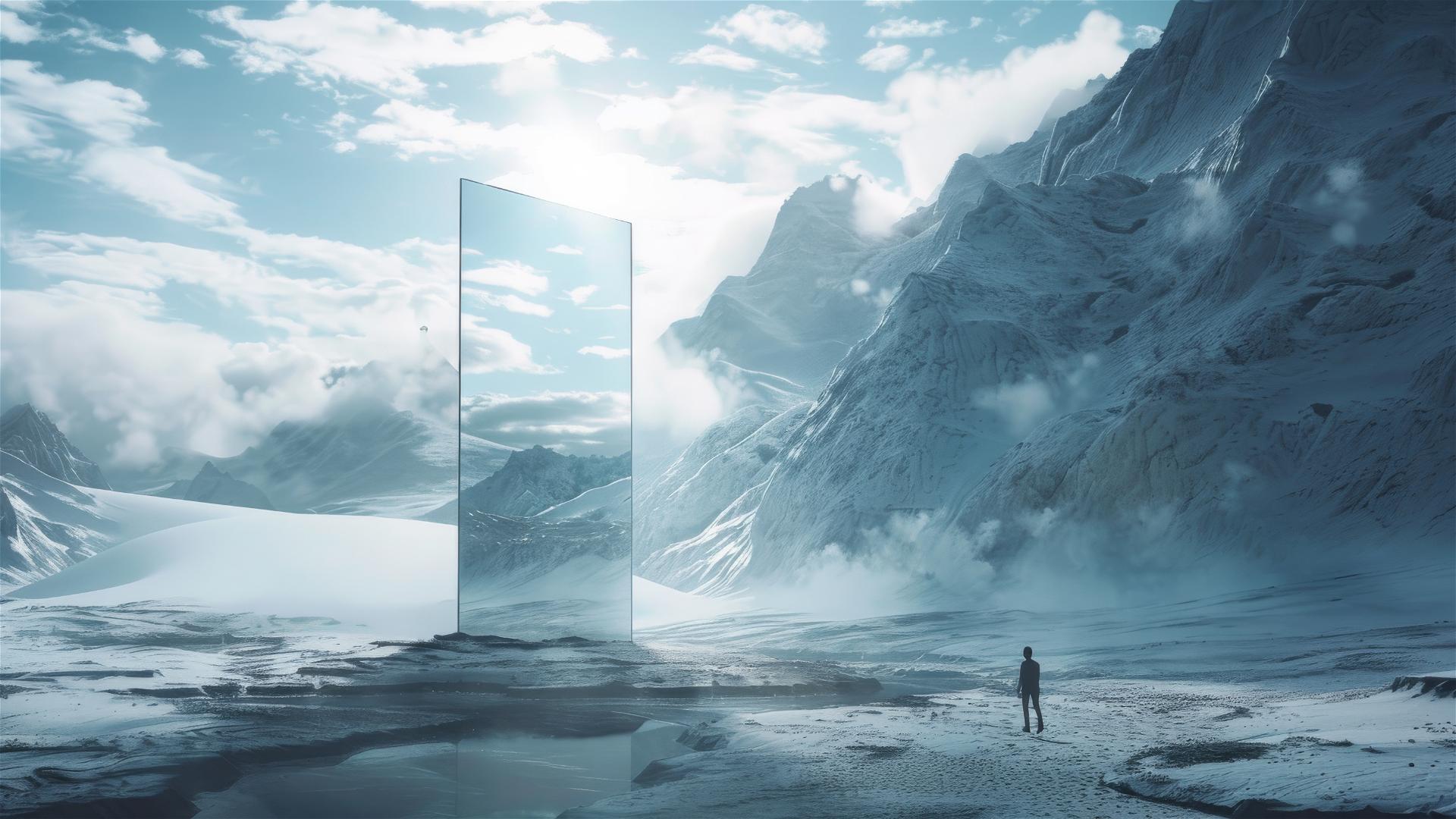 Mountain landscape in matrix style with person walking towards mirror
