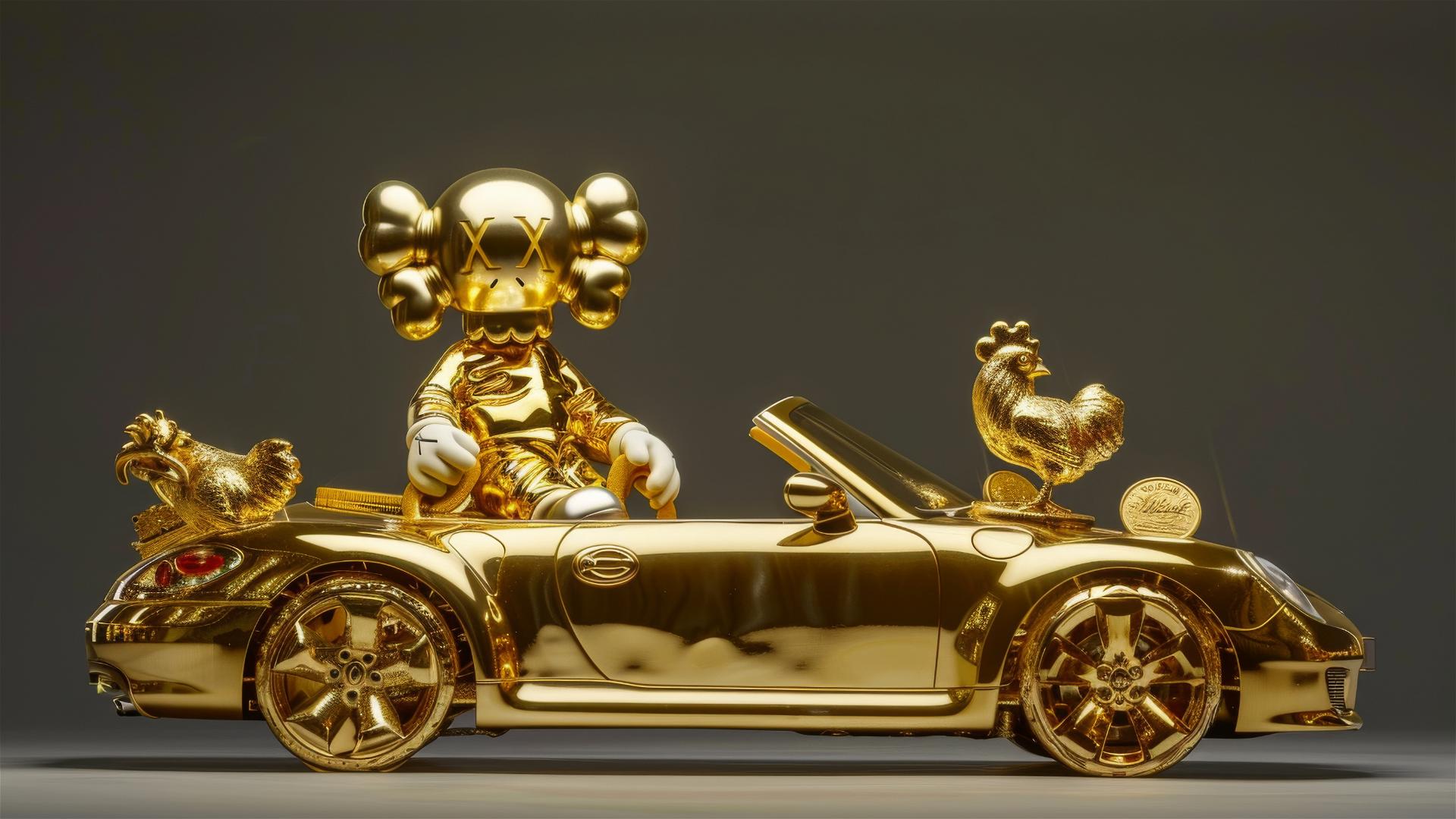 2D cartoon art of Kaws-style Louis Vuitton companion driving golden car with gold coins and full-body chicken