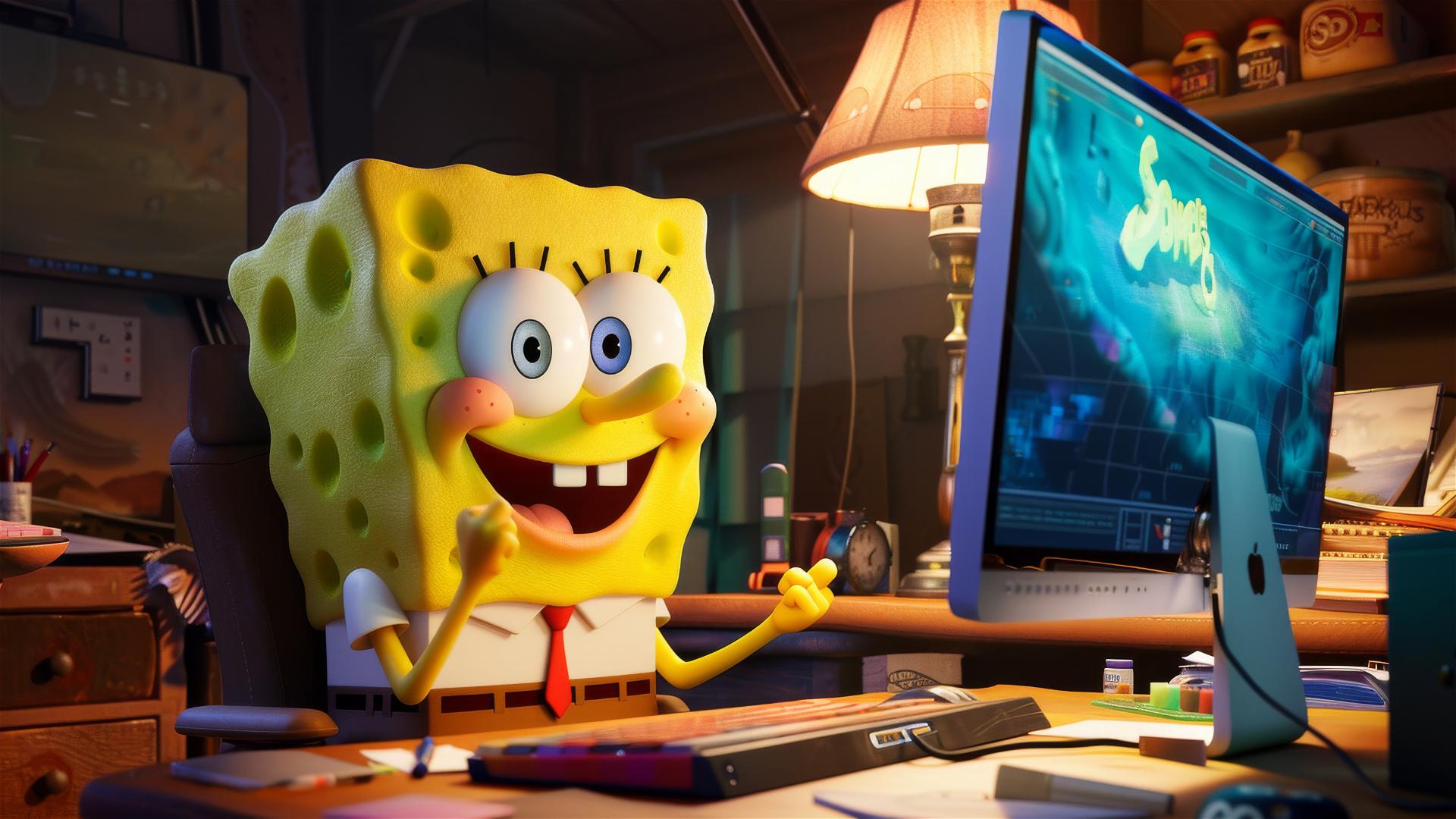 SpongeBob creating a video game on a computer
