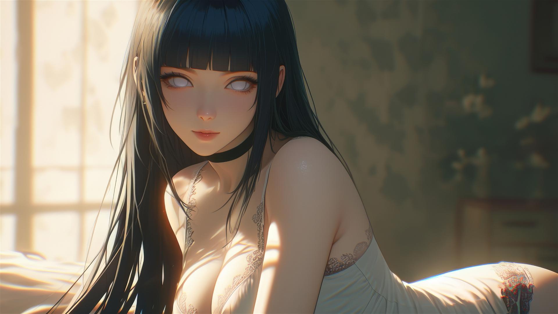Hinata Hyuga from Naruto sitting at a modern hotel with warm light glow