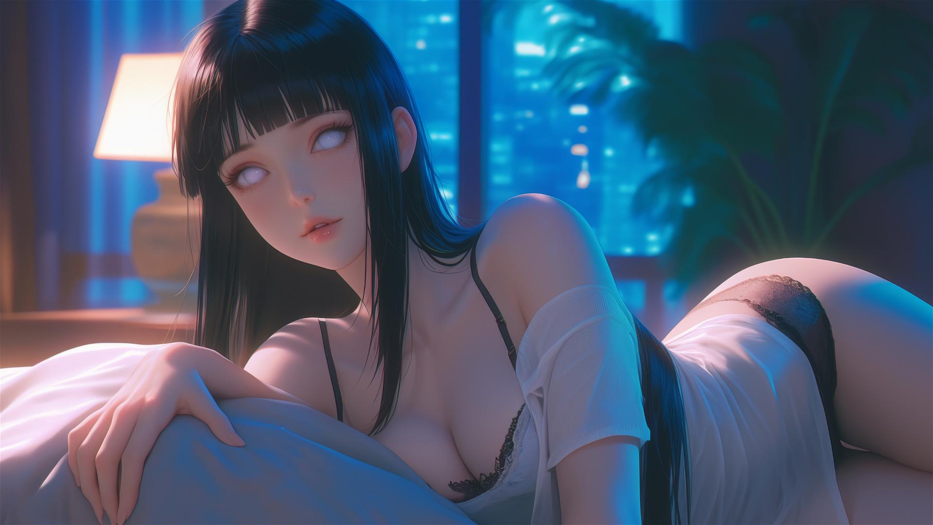 Hinata Hyuga resting in a modern hotel with warm light highlighting her figure.