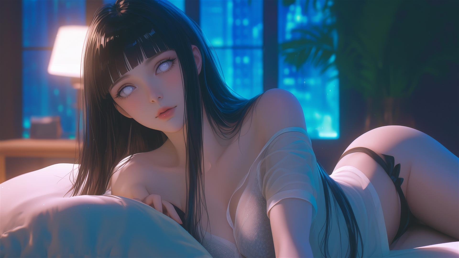 Hinata Hyuga resting in a modern hotel with warm light and white eyes