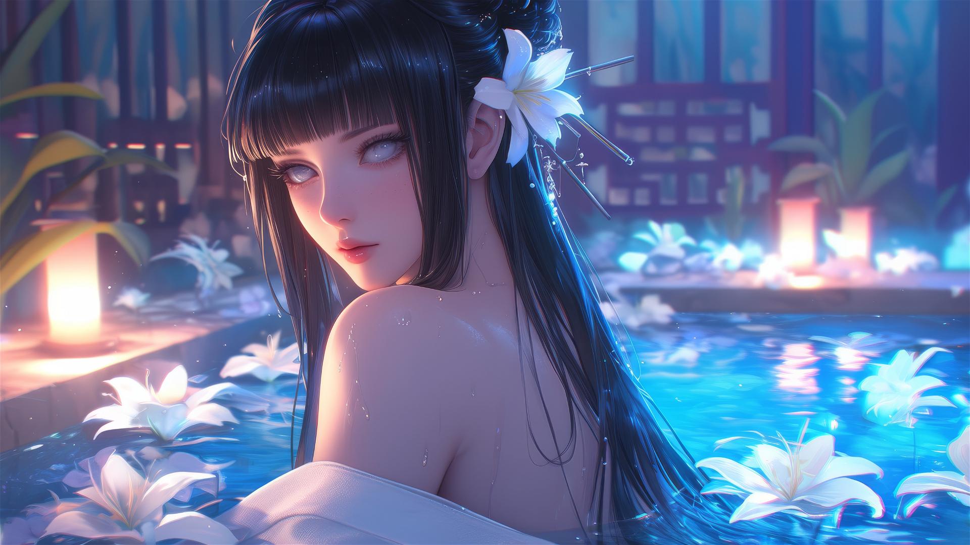 Hinata Hyuga from Naruto in tub full of flowers at Chinese spa, white eyes.