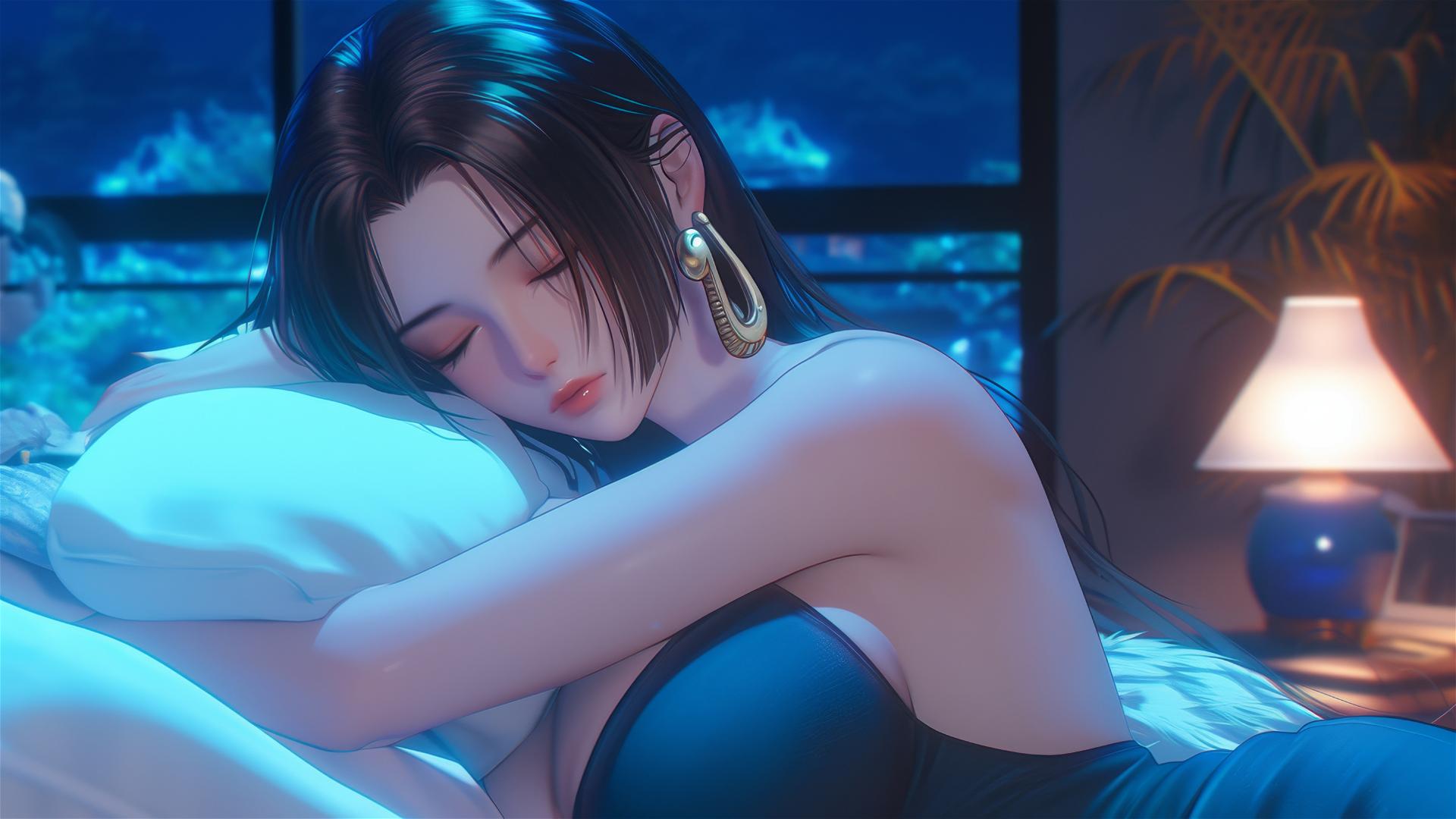 Boa Hancock from One Piece resting in apartment under moonlight with short hair.