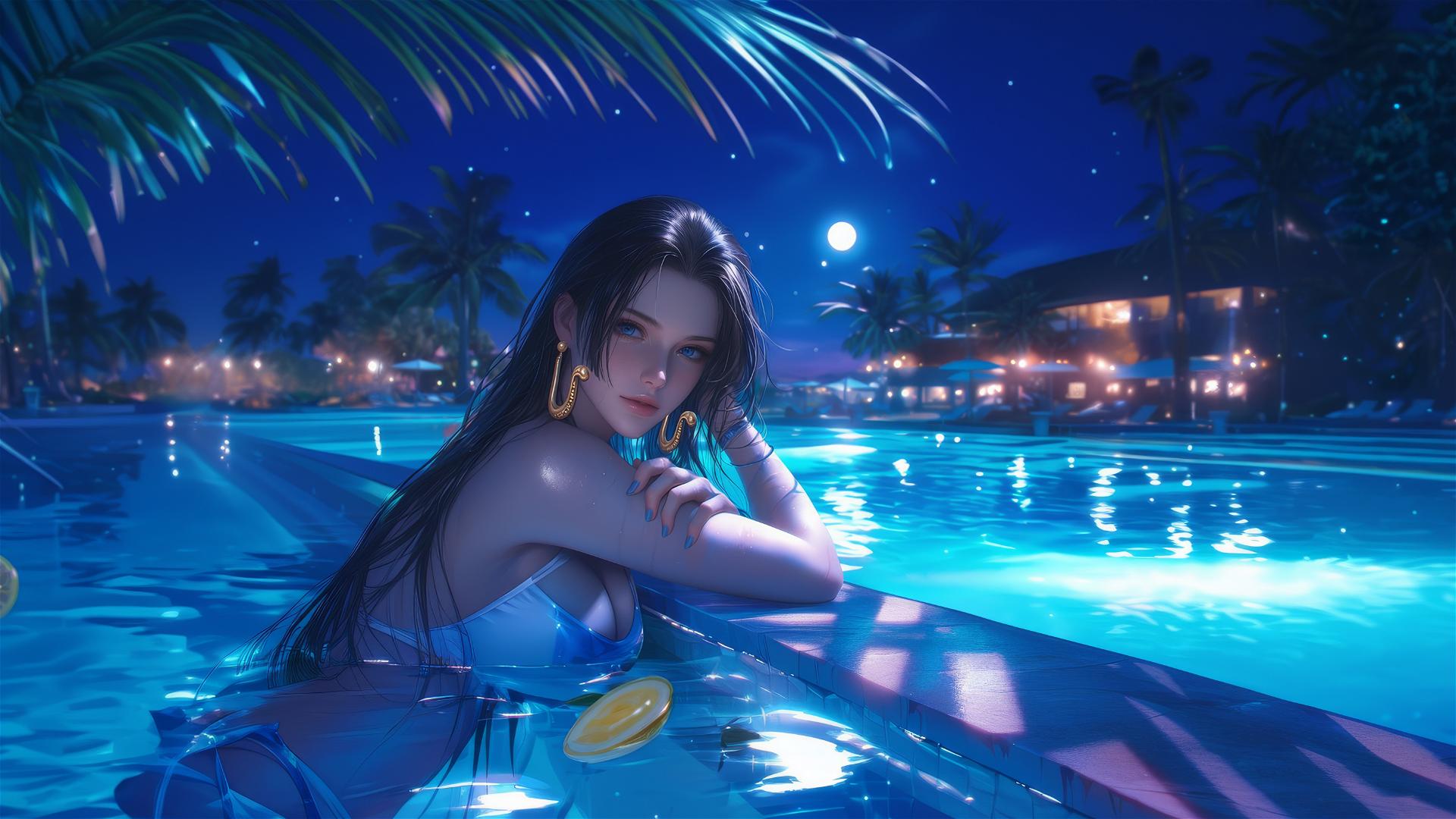 Boa Hancock from One Piece resting by a swimming pool under moonlight