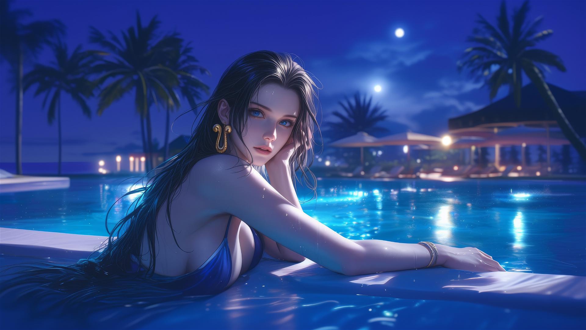 Boa Hancock resting by the swimming pool under moonlight
