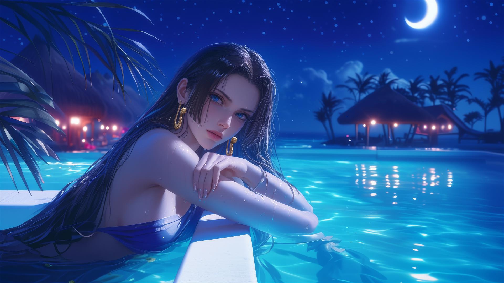 Boa Hancock resting by a pool under moonlight
