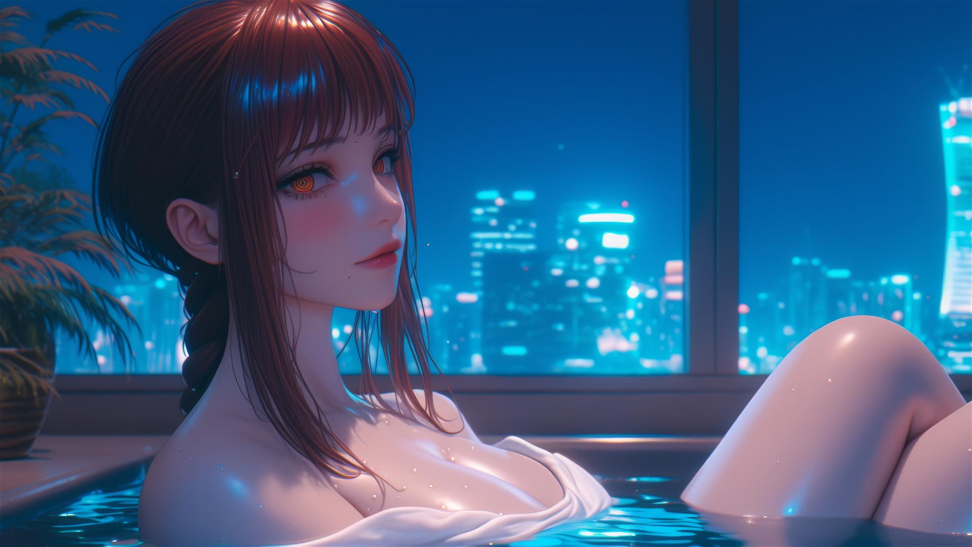 Makima from Chainsaw Man resting in a tub under moonlight
