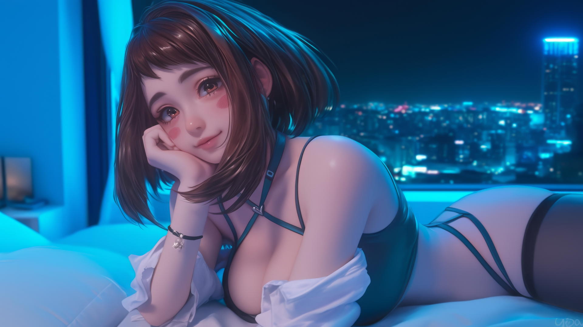 Ochaco Uraraka from My Hero Academia in a modern hotel room with neon light.