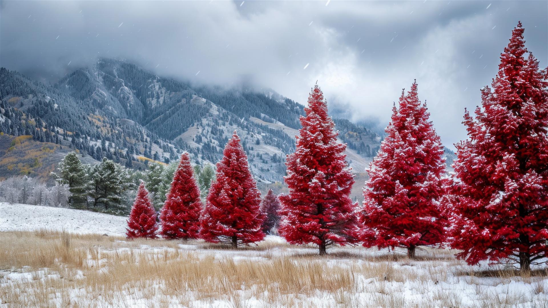Red Christmas trees covered in white snow in Colorado