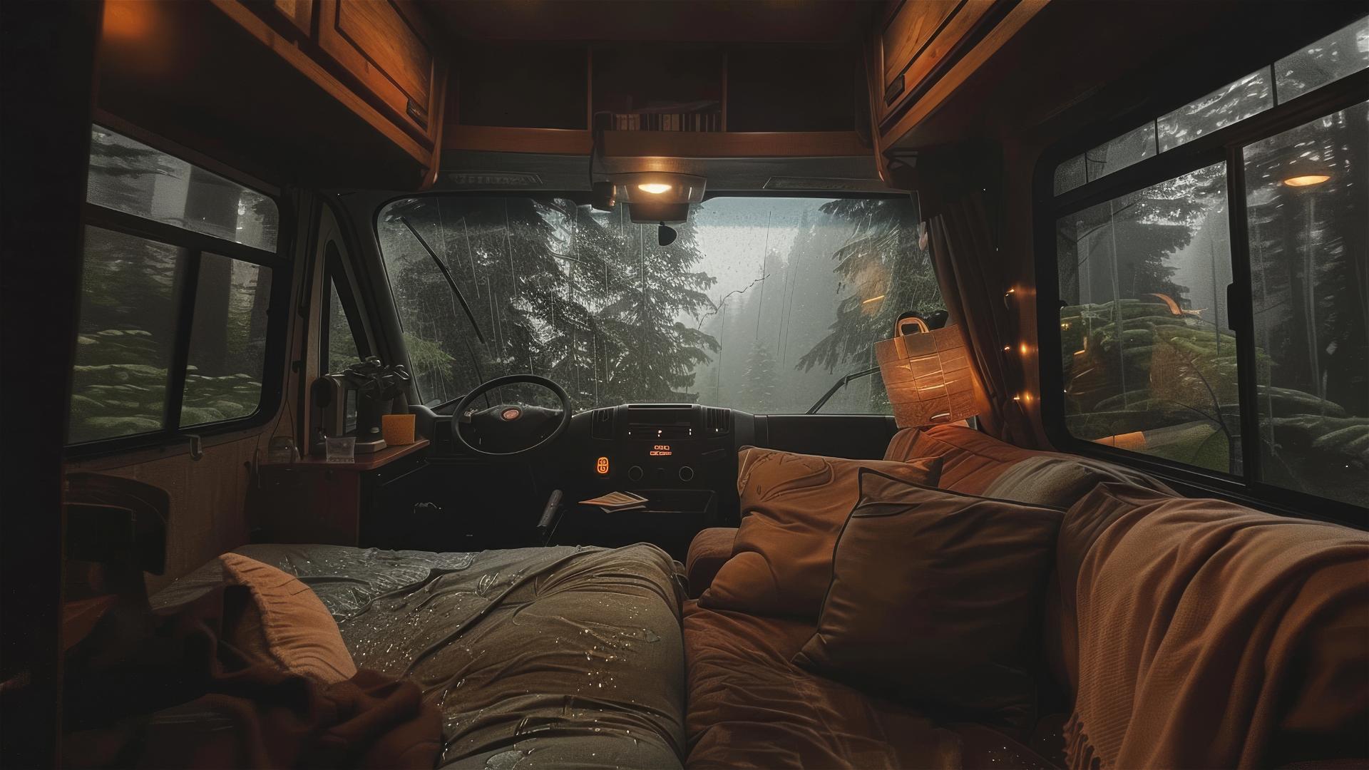 cozy RV interior on a rainy day