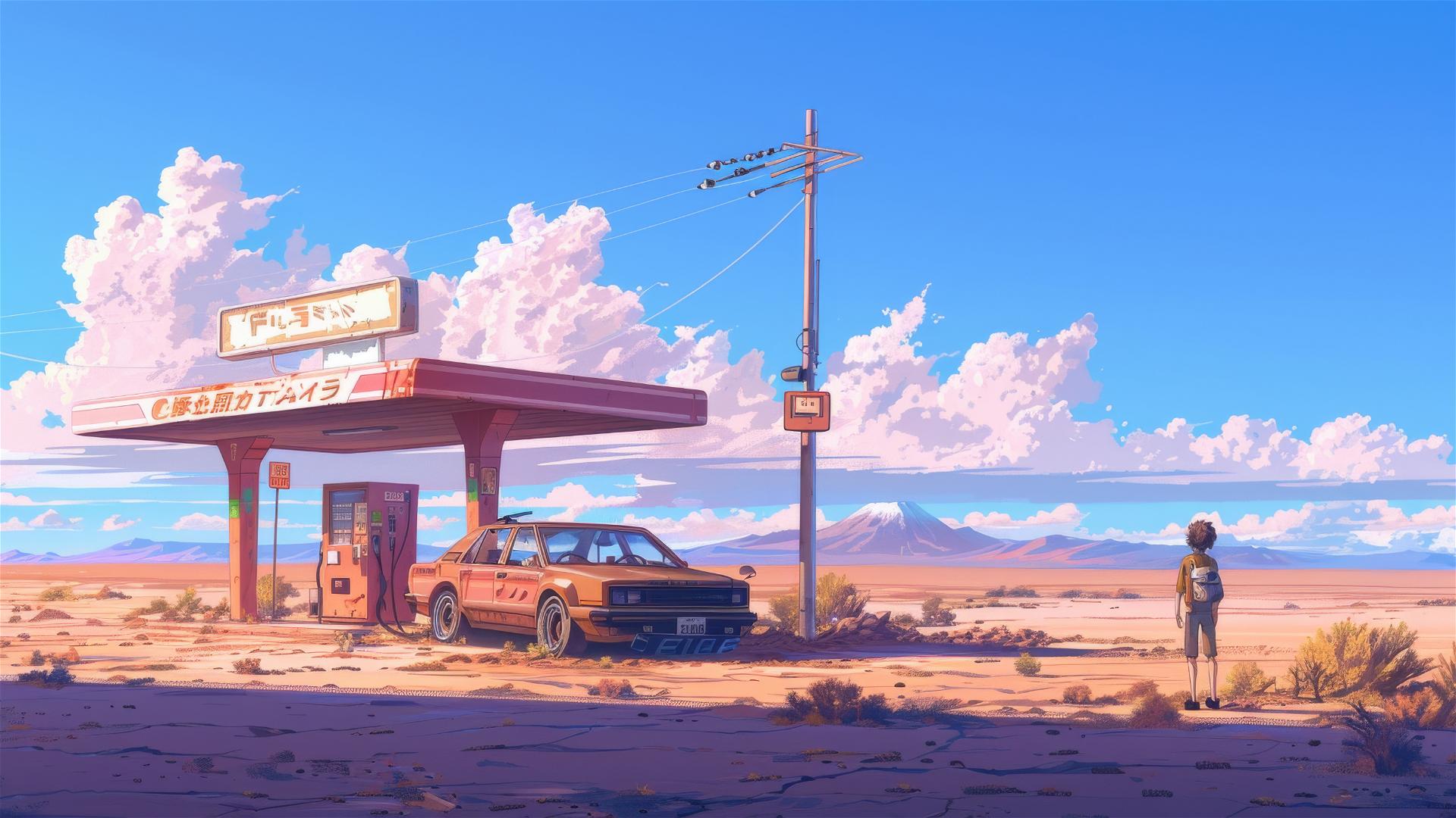 80s anime style man by car at desert gas station, Mount Hood in the backdrop