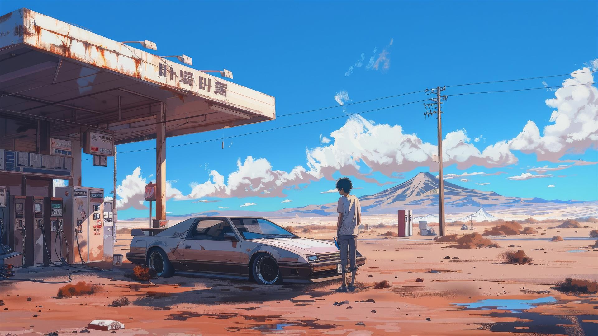 80s anime style man by car at desert gas station, Mount Hood in view