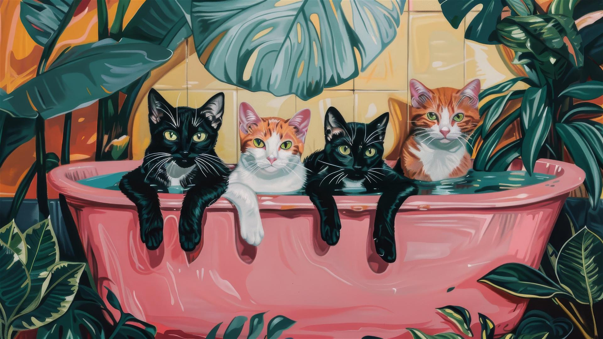 Cats in bathtub with pink leaves and vibrant cottagecore bathroom