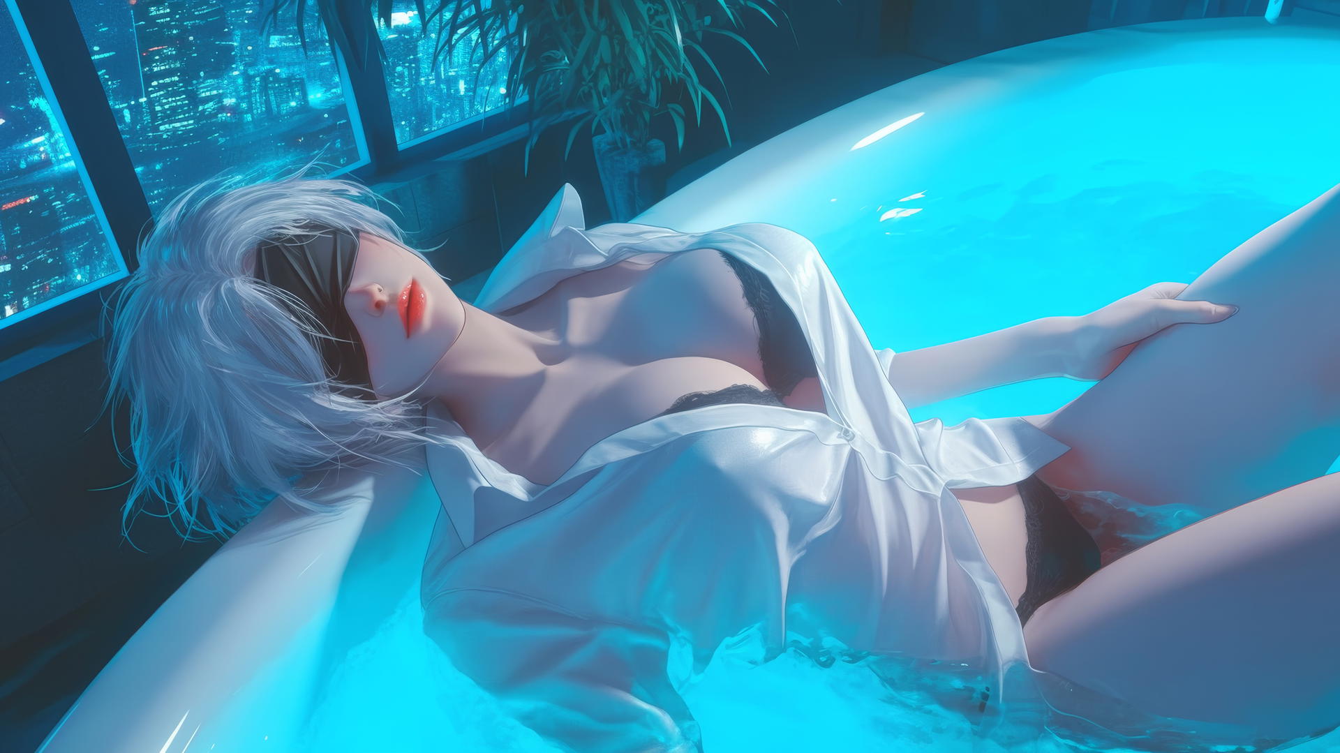 2B from Nier in a white office shirt, looking up with a blindfold, in a neon-lit hotel room.