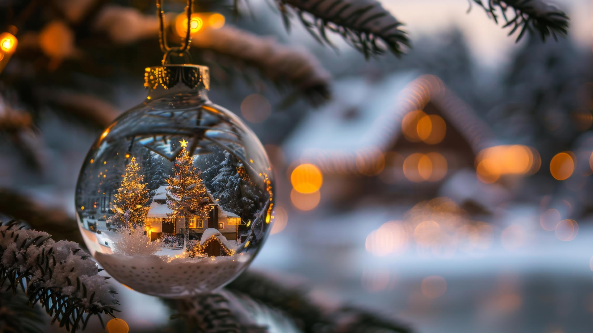 Glass Christmas balls with snow-covered villages and warm glows hanging on a Christmas tree