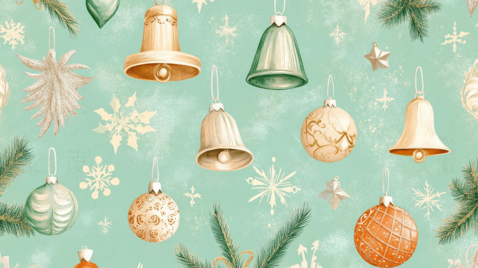 aesthetic preppy Christmas wallpaper with vintage ornaments and bells on pastel green background