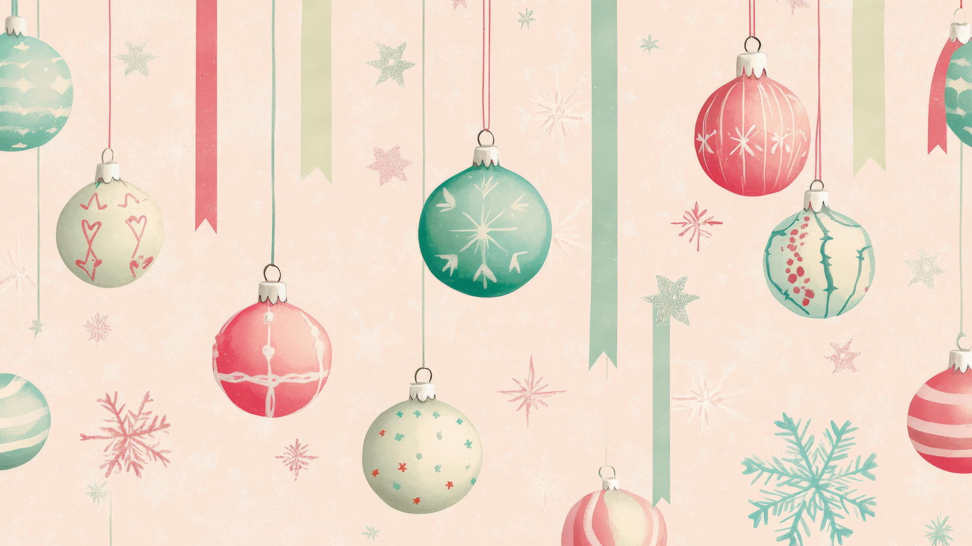 preppy Christmas wallpaper with colorful ornaments, pastel ribbons, snowflakes, and stars