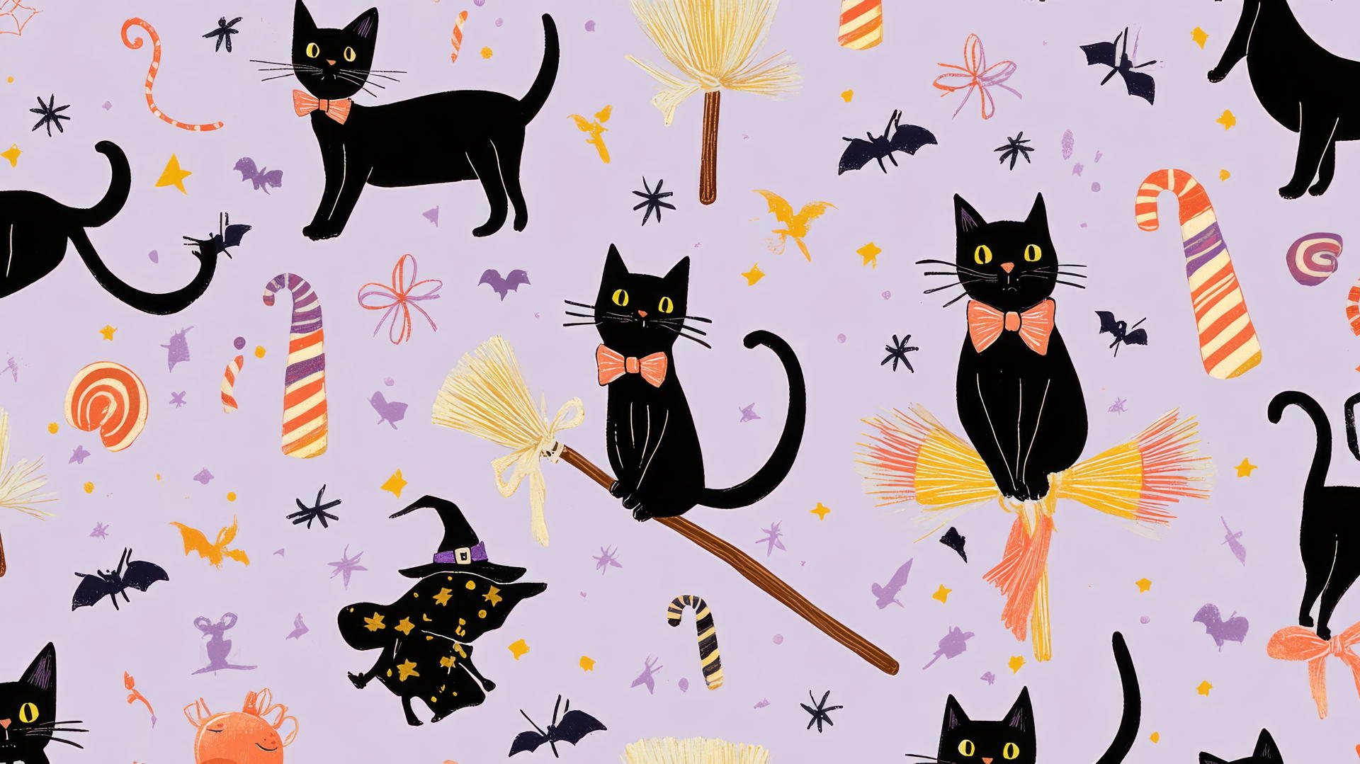halloween preppy wallpaper with black cats, witches, and candy cane borders