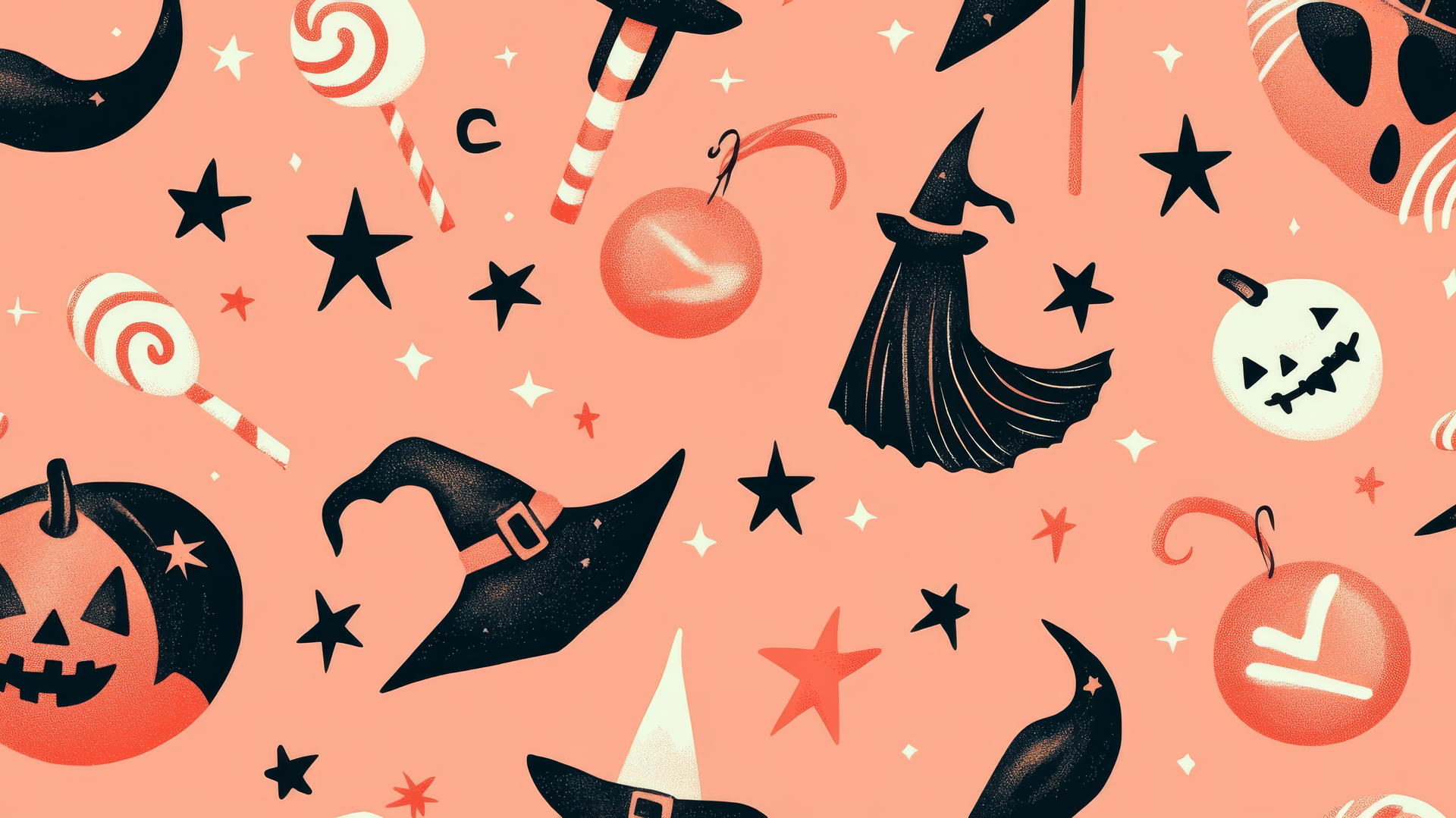 Halloween wallpaper preppy with witches, candy canes, and stars on pastel coral