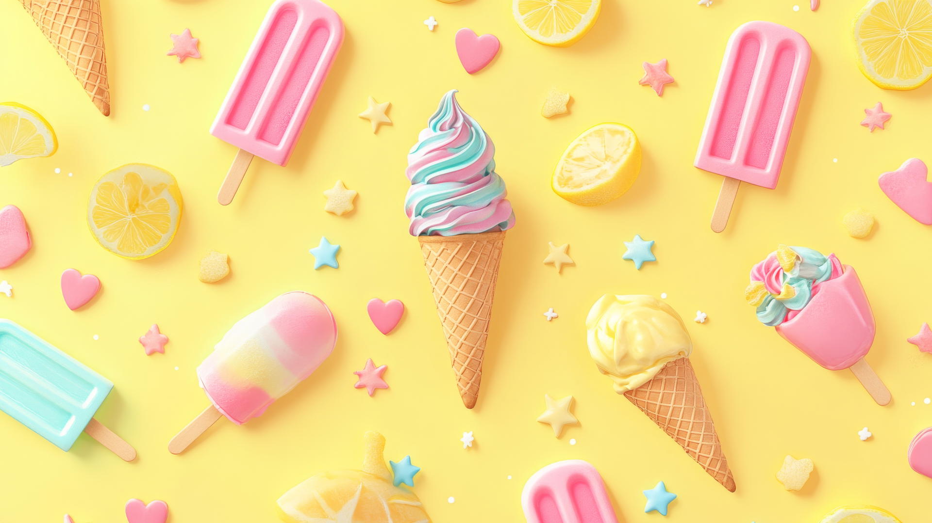 preppy summer wallpaper with pastel-colored ice cream, popsicles, lemonades on yellow background