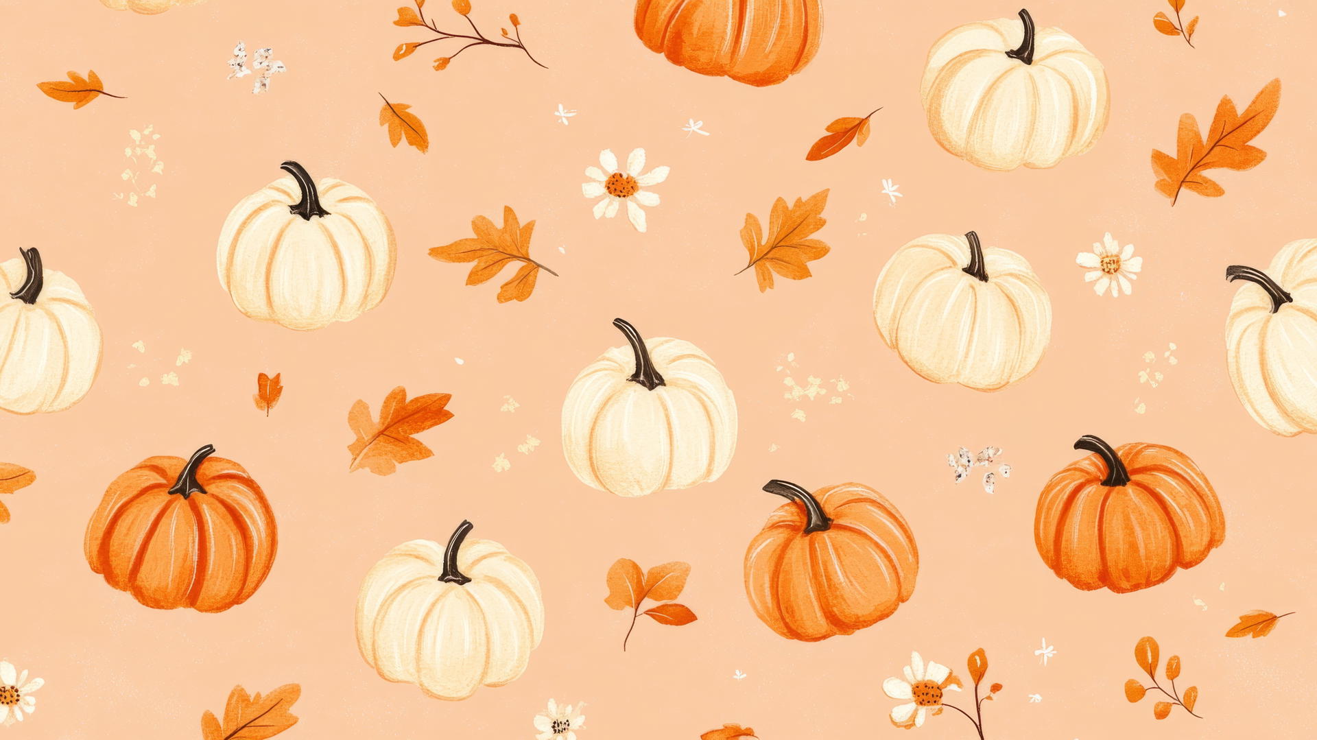 preppy fall wallpaper with hand-drawn pumpkins, leaves, and flowers on pastel orange