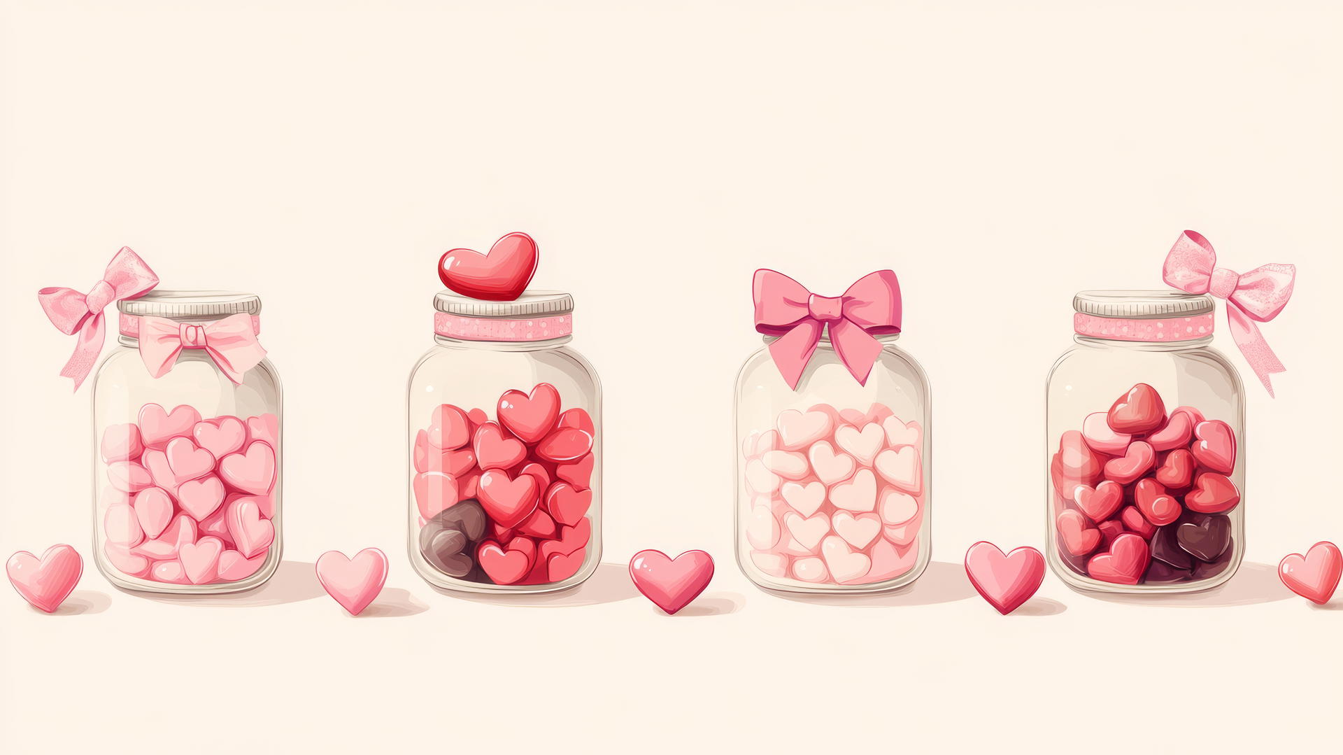 preppy valentines wallpaper with jars of heart-shaped candies in pink and red