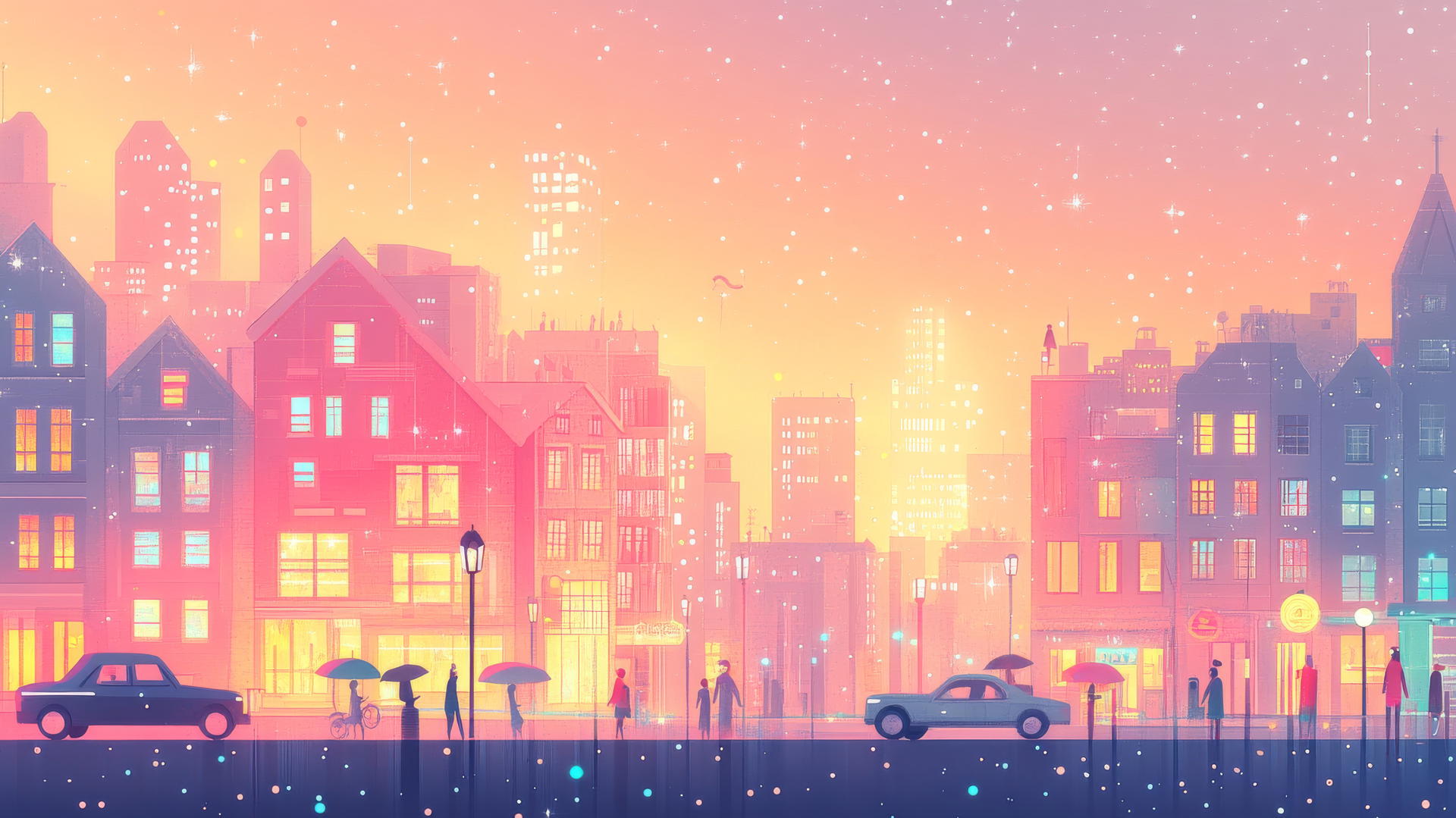 cute aesthetic wallpapers featuring a pastel cityscape at dusk with glowing windows