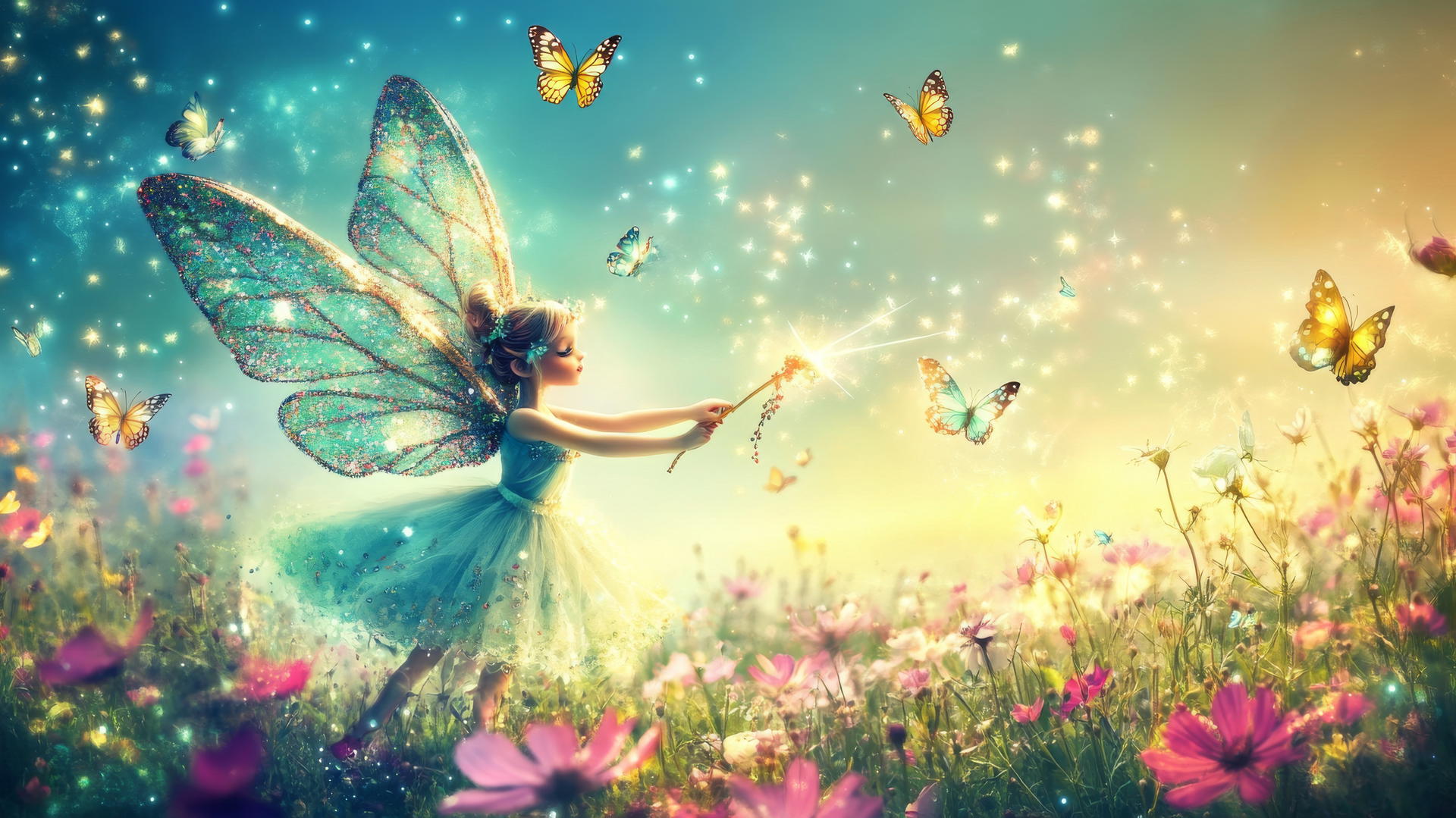 cute wallpapers for girls with fairy, glittering wings, flowers, butterflies, stars