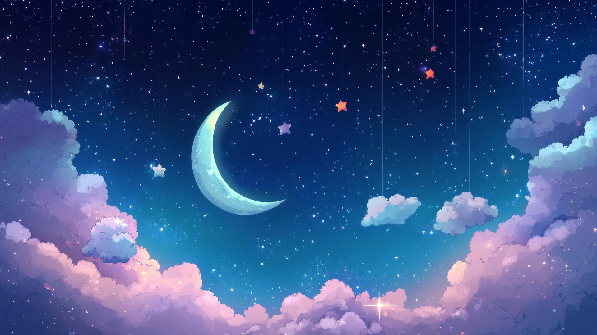 cute wallpapers with night sky, crescent moon, and sleeping clouds