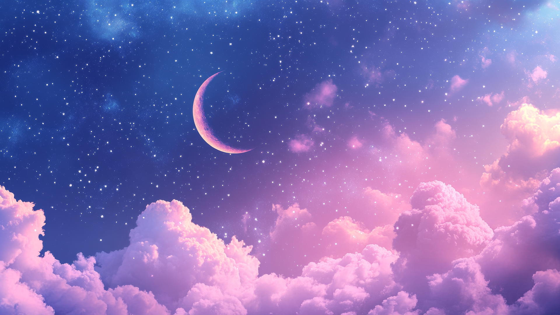 cute wallpapers of a night sky with twinkling stars, crescent moon, and sleeping clouds