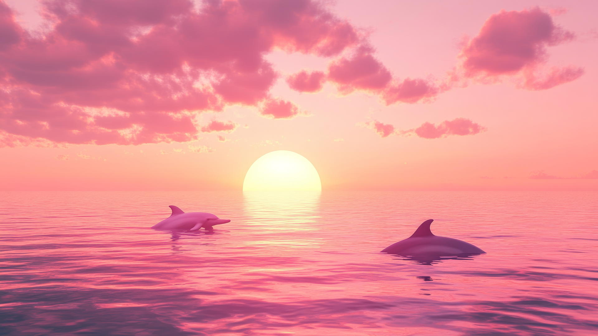 cute pink wallpaper with a dreamy sunset over a calm ocean and dolphin silhouettes