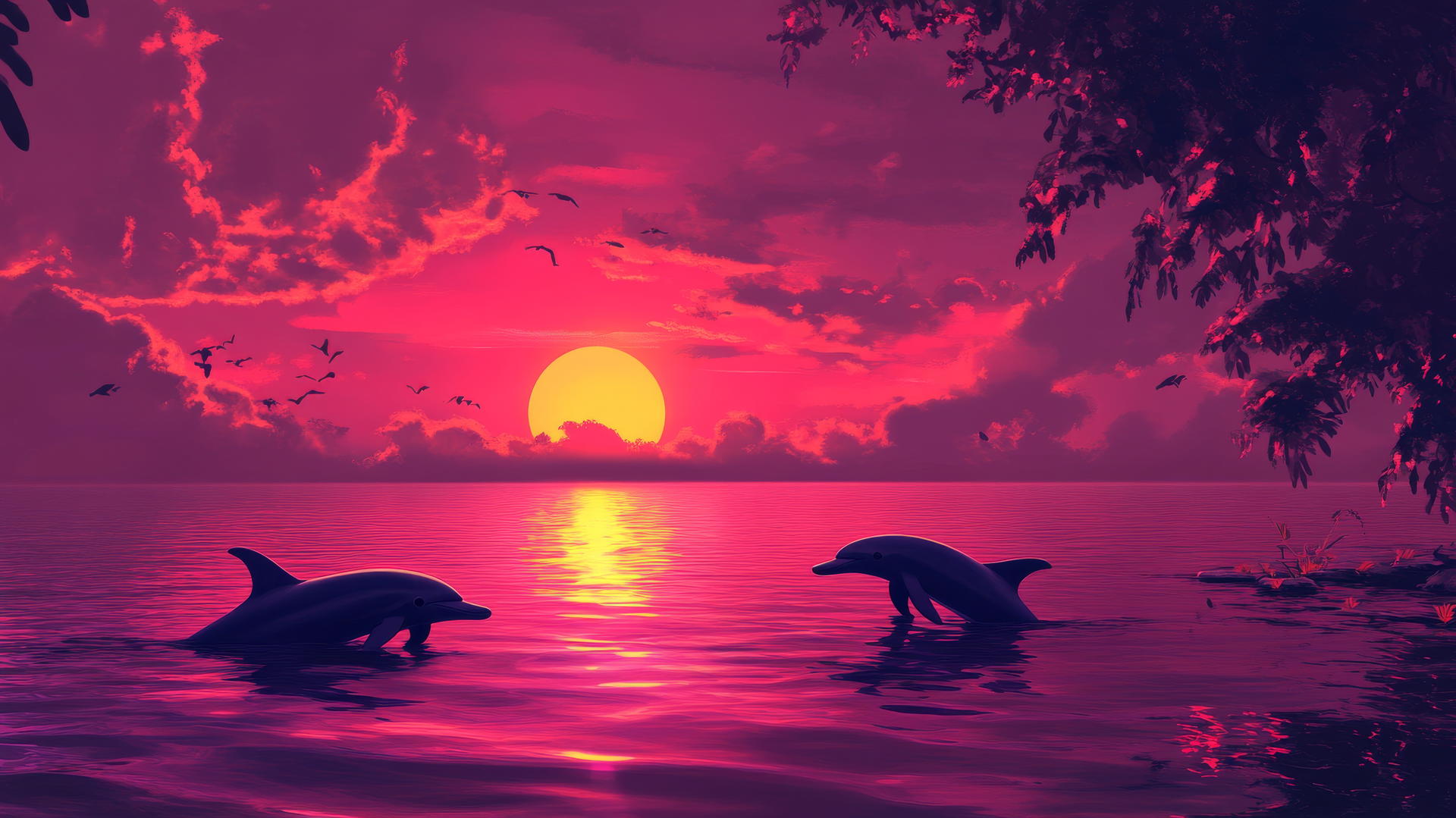 cute pink wallpaper with a dreamy sunset over a calm ocean and dolphin silhouettes