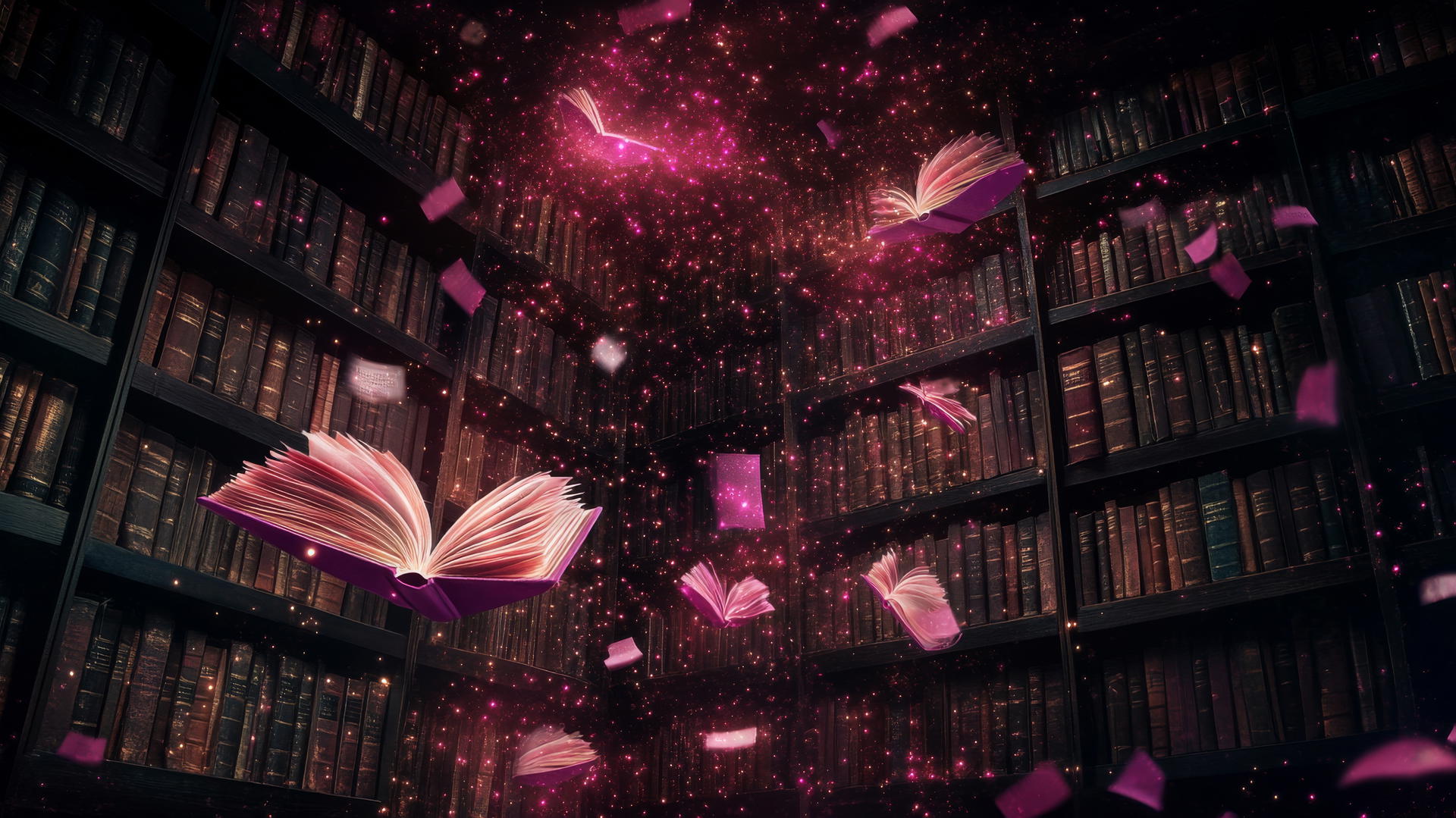 black wallpaper for girls with magical library, floating pink books, and glowing fairy dust