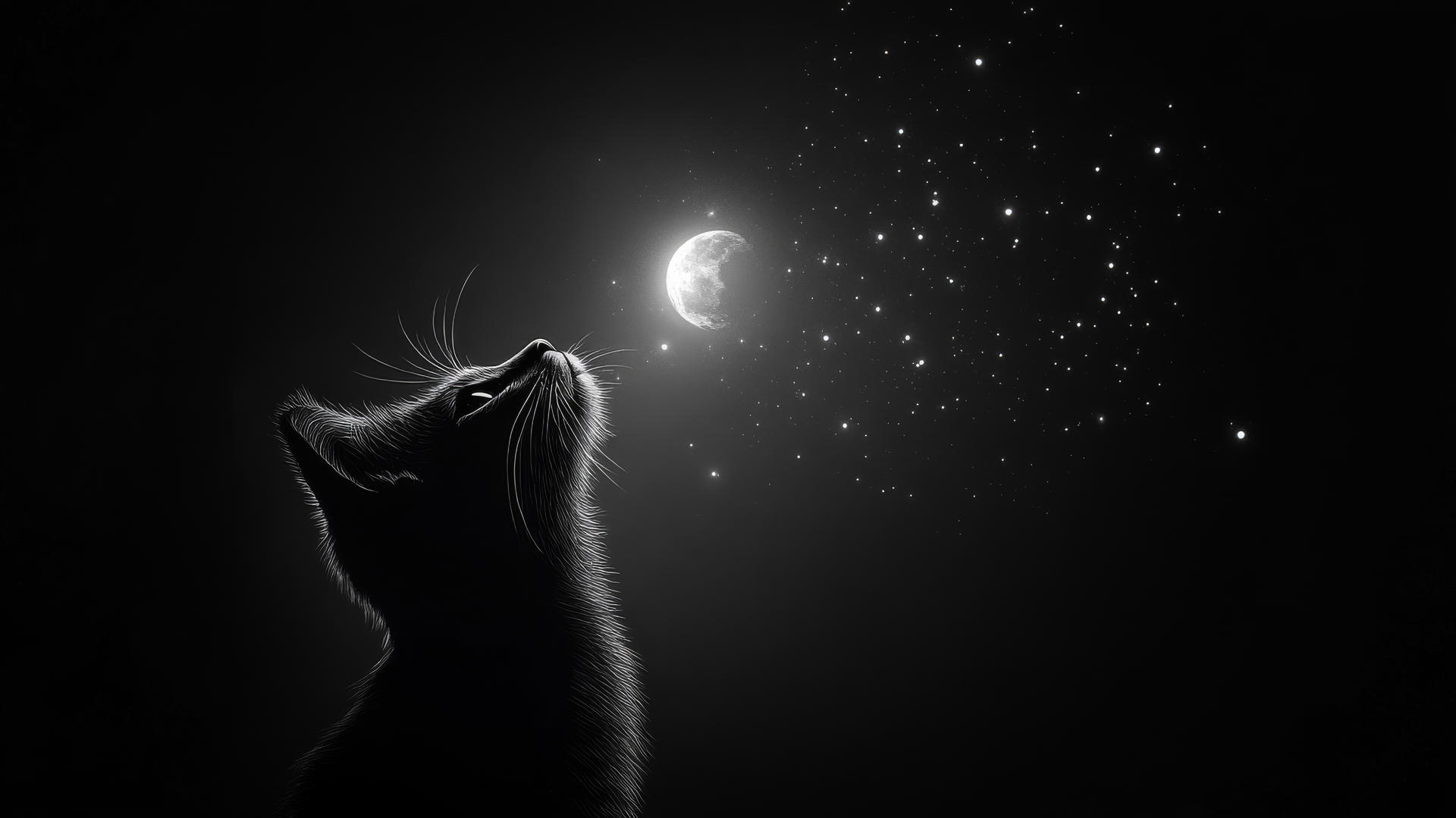 Cute black wallpaper with glowing moon, stars, and cat silhouette