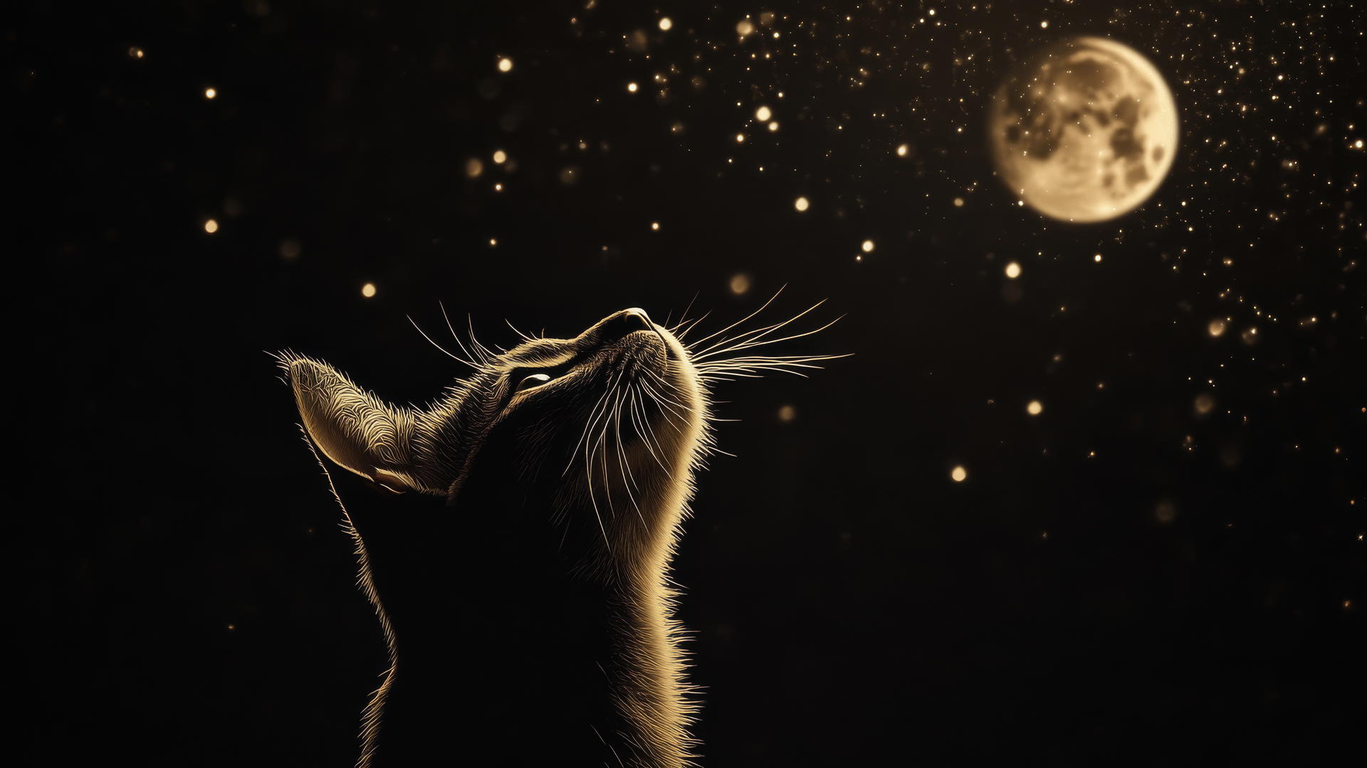 Cute black wallpaper with a small, glowing moon, stars, and a cat silhouette