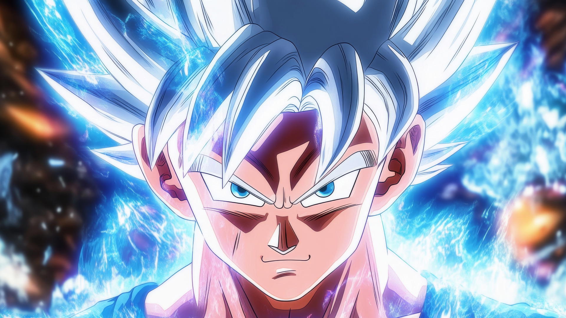 Goku Ultra Instinct with silver hair, shining eyes, and a vibrant, energetic background