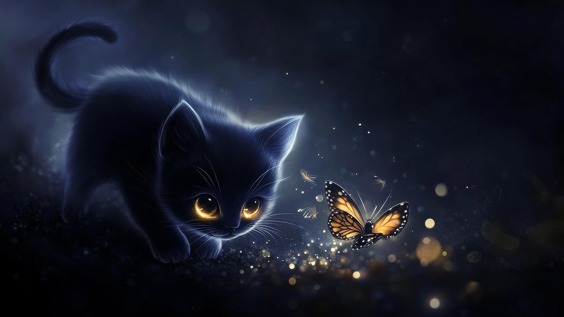 black cute wallpaper with a tiny cartoon kitten chasing a butterfly on a dark background