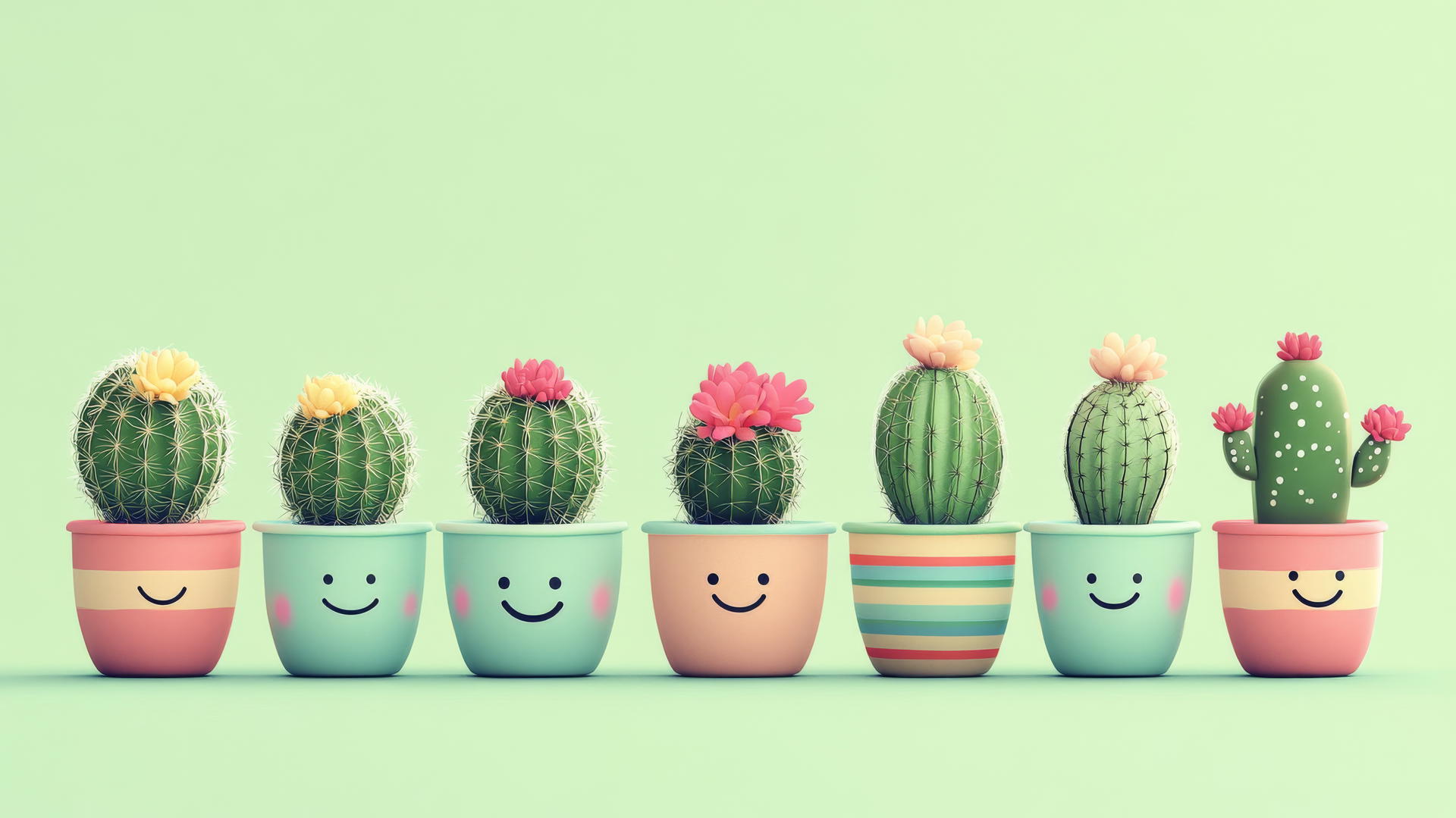 Cute green wallpaper with smiling cacti in colorful pots and small flowers