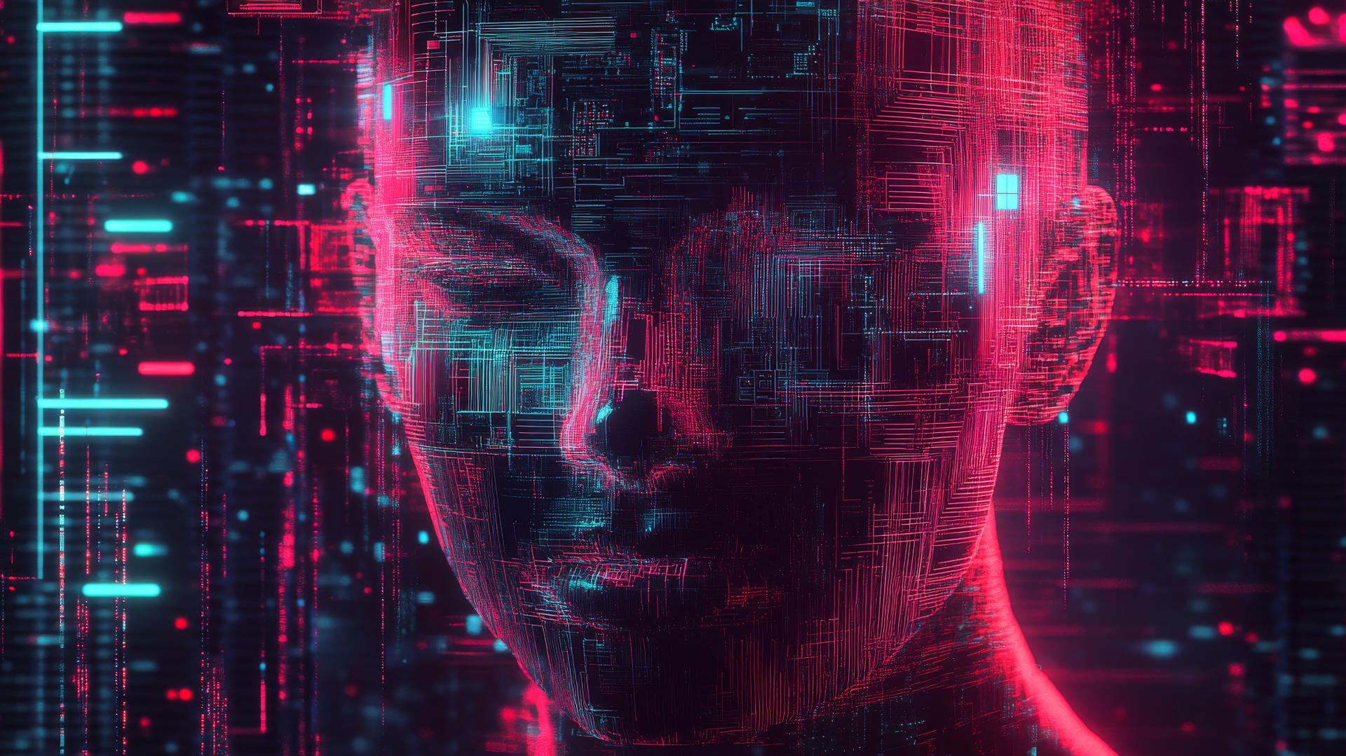 cyber y2k wallpaper with glitchy digital face and neon circuits