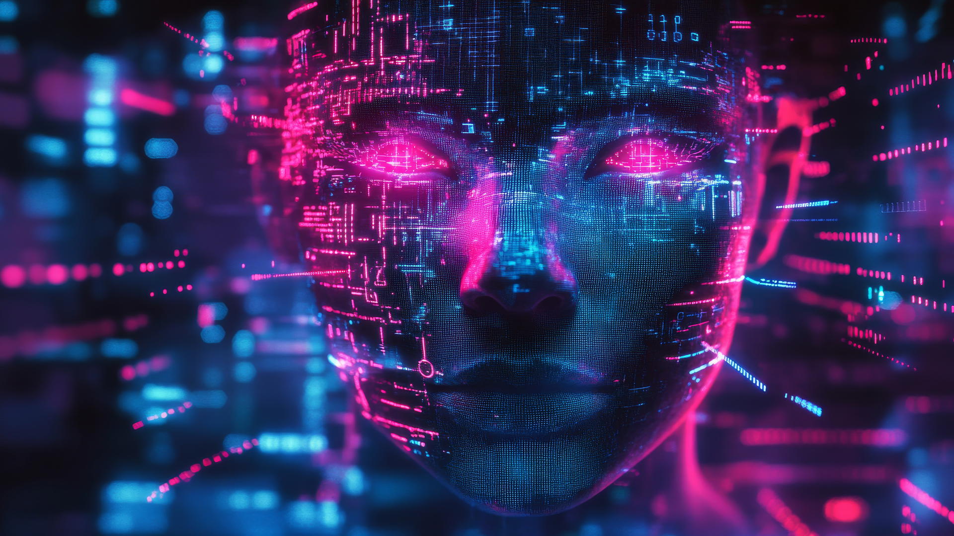 cyber y2k wallpaper with glitchy digital face, neon circuits, binary codes