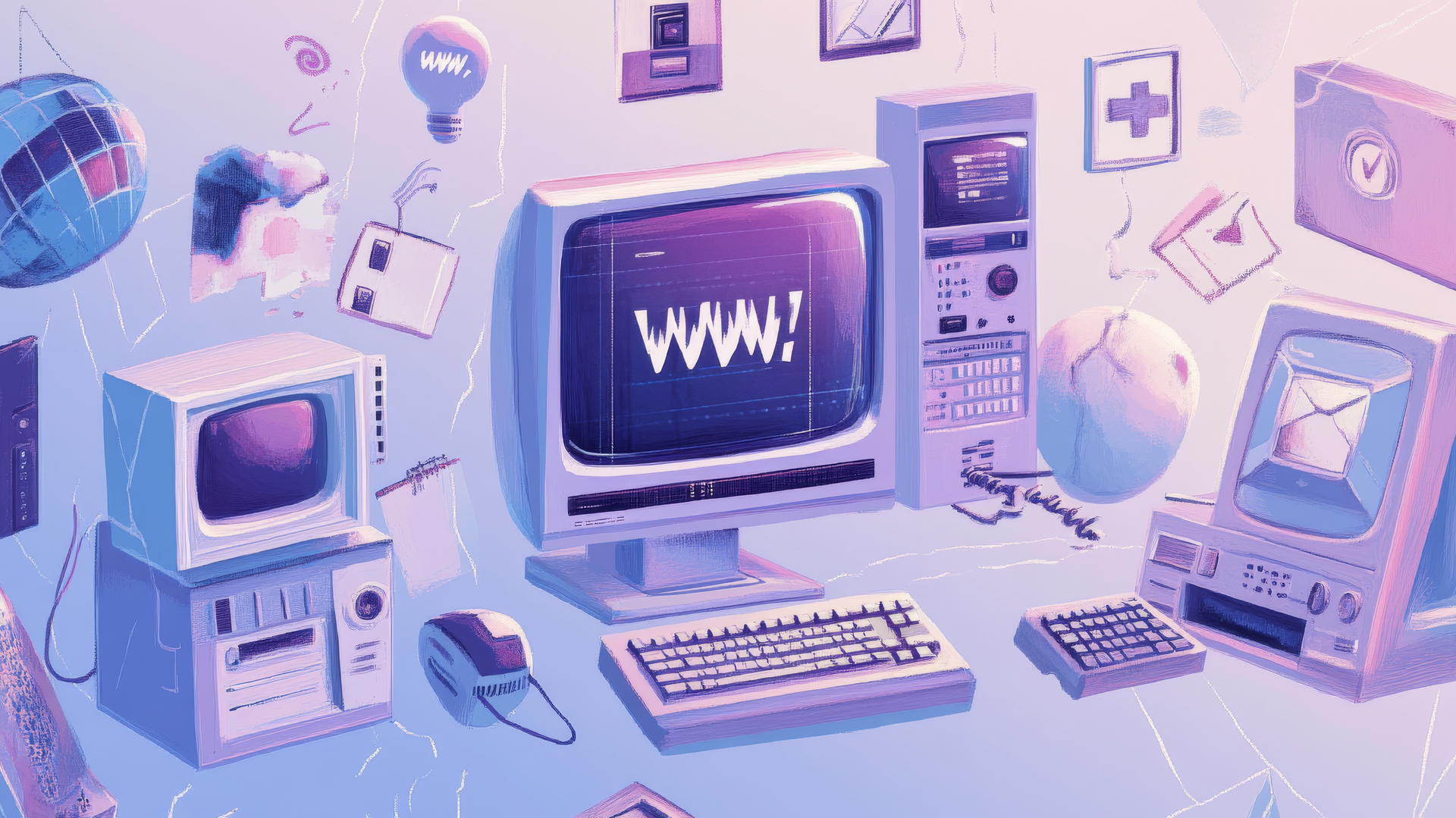 Y2K wallpaper with vintage computer icons, pixelated graphics, and early internet symbols on a pastel gradient background.