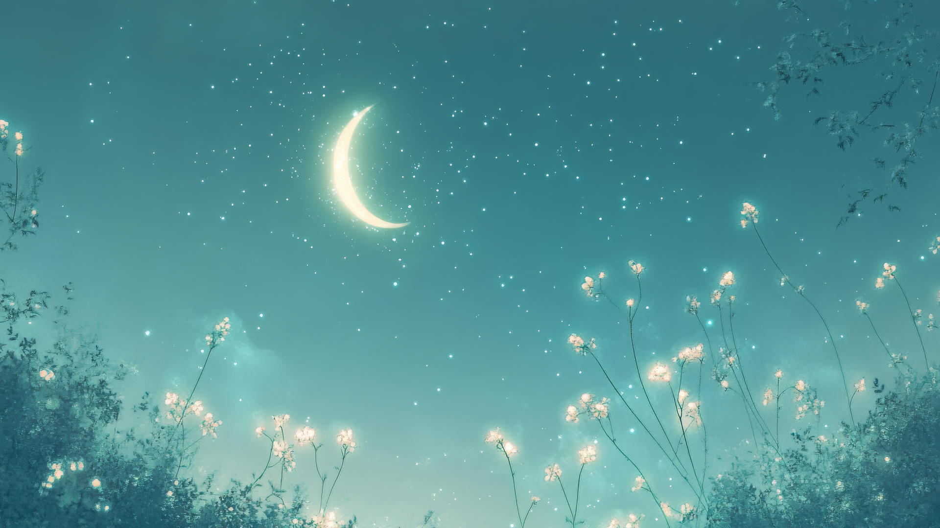 baby blue wallpaper with a dreamy night sky, soft glowing stars, and a faint crescent moon
