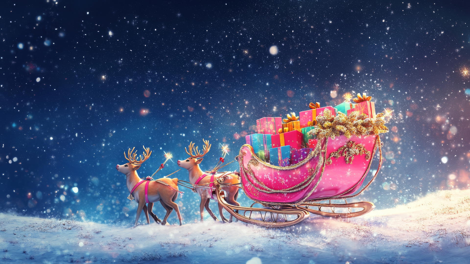 Girly cute Christmas wallpaper with pink sleigh and reindeer under a starry sky.