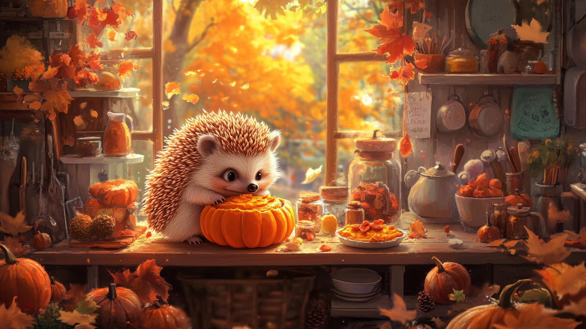 thanksgiving wallpaper cute heartwarming happy hedgehog baking pumpkin pie in tiny kitchen