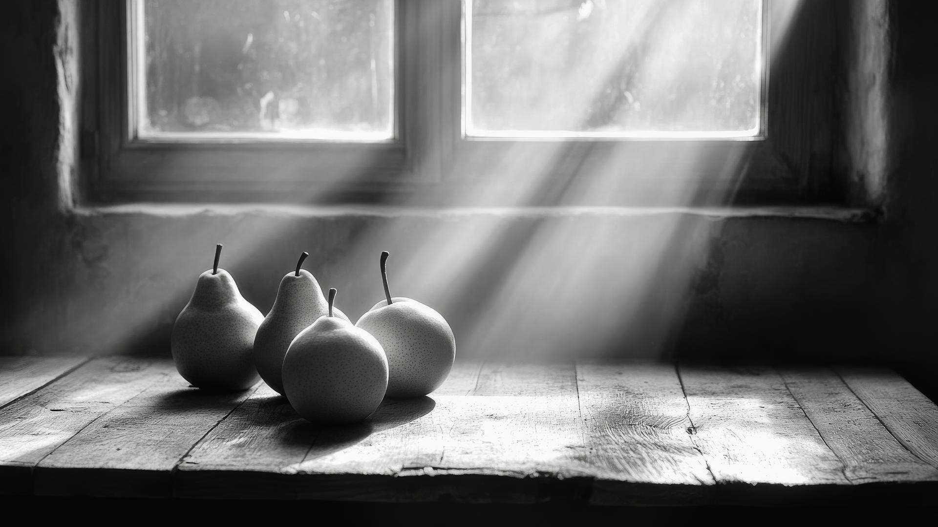 Aesthetic thanksgiving wallpaper with apples and pears on a rustic wooden table in sunlight