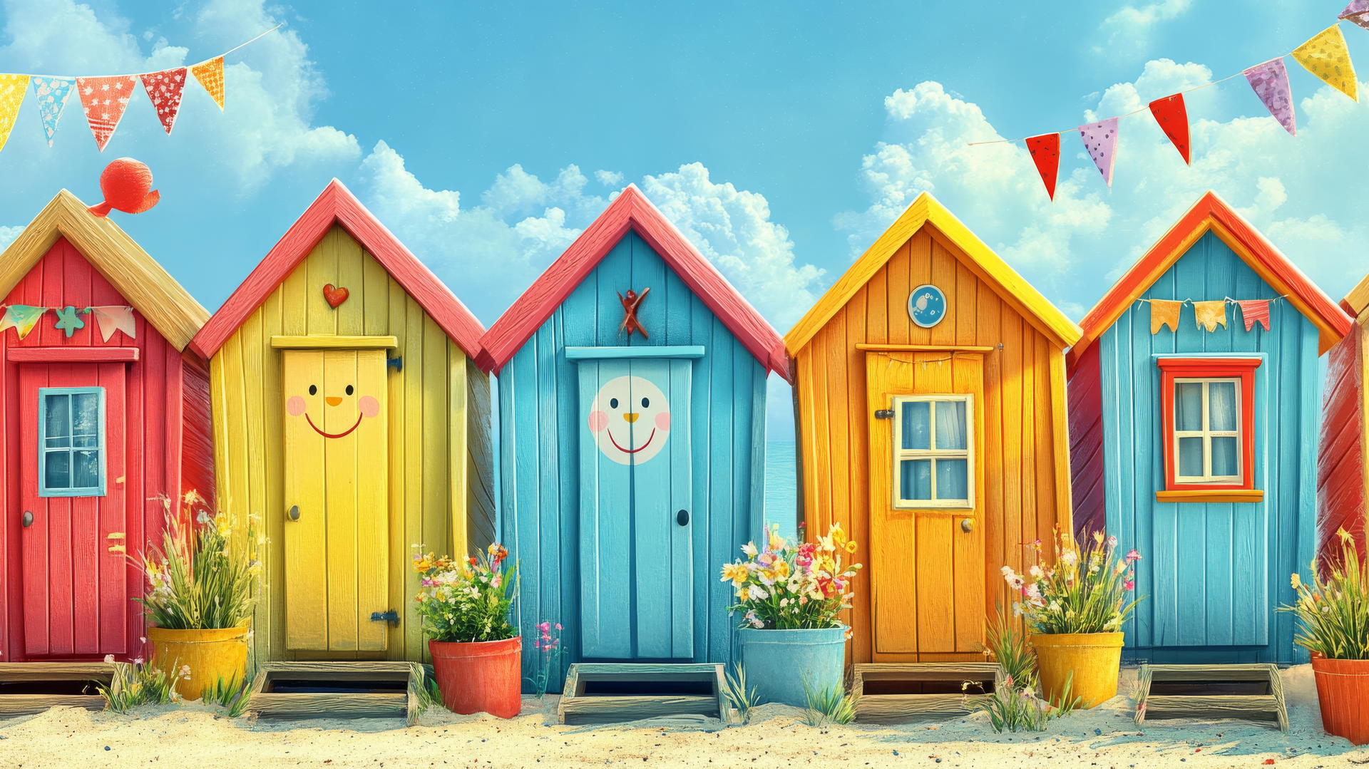 cute summer wallpaper with colorful beach huts, smiling faces, and decorations