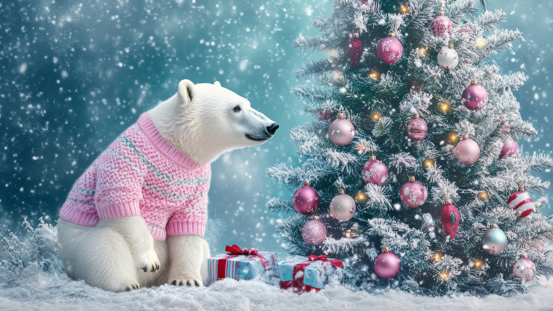 Girly cute Christmas wallpaper with a polar bear in a pink sweater by a pastel tree