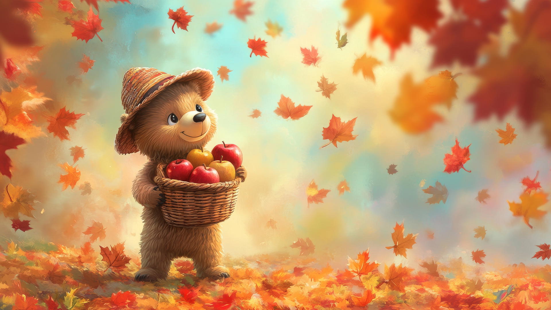 thanksgiving wallpaper cute cartoon bear with pilgrim hat and basket of apples, surrounded by colorful leaves